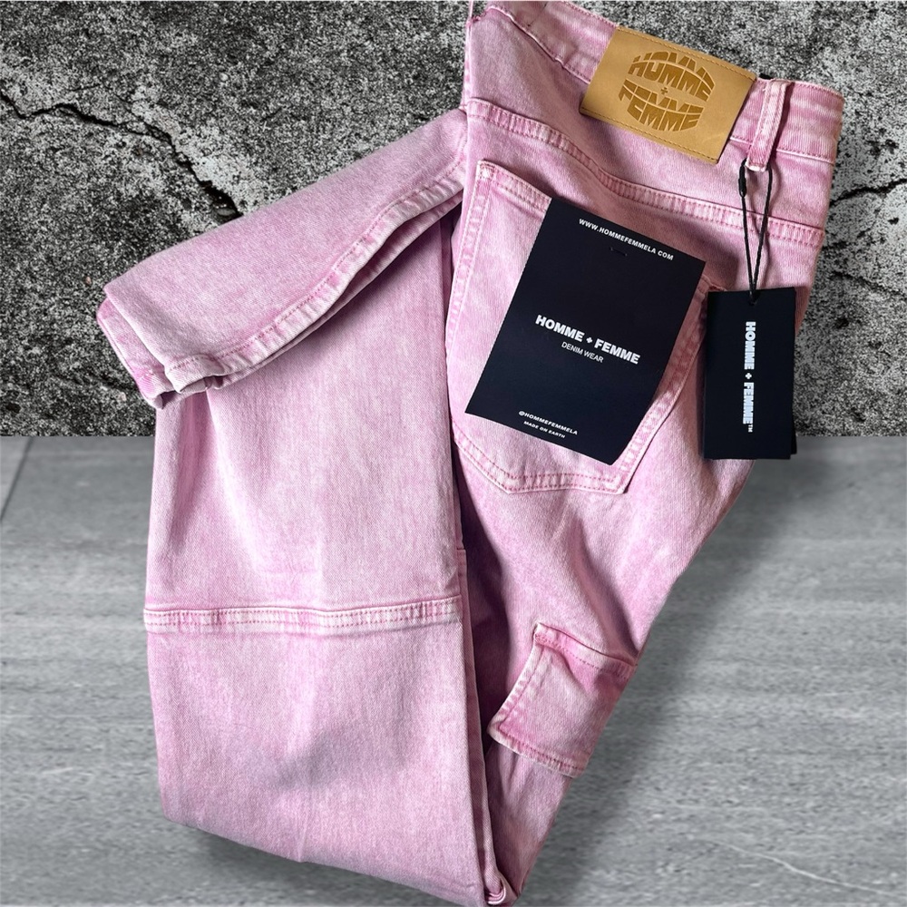 •NWT• HOMME + FEMME LA Distressed Strap Cargo Flare Light Pink Wash • size 38